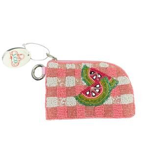 Beaded Watermelon Pouch- pink white checkered- silver clip ring- preowned 5.5x4"